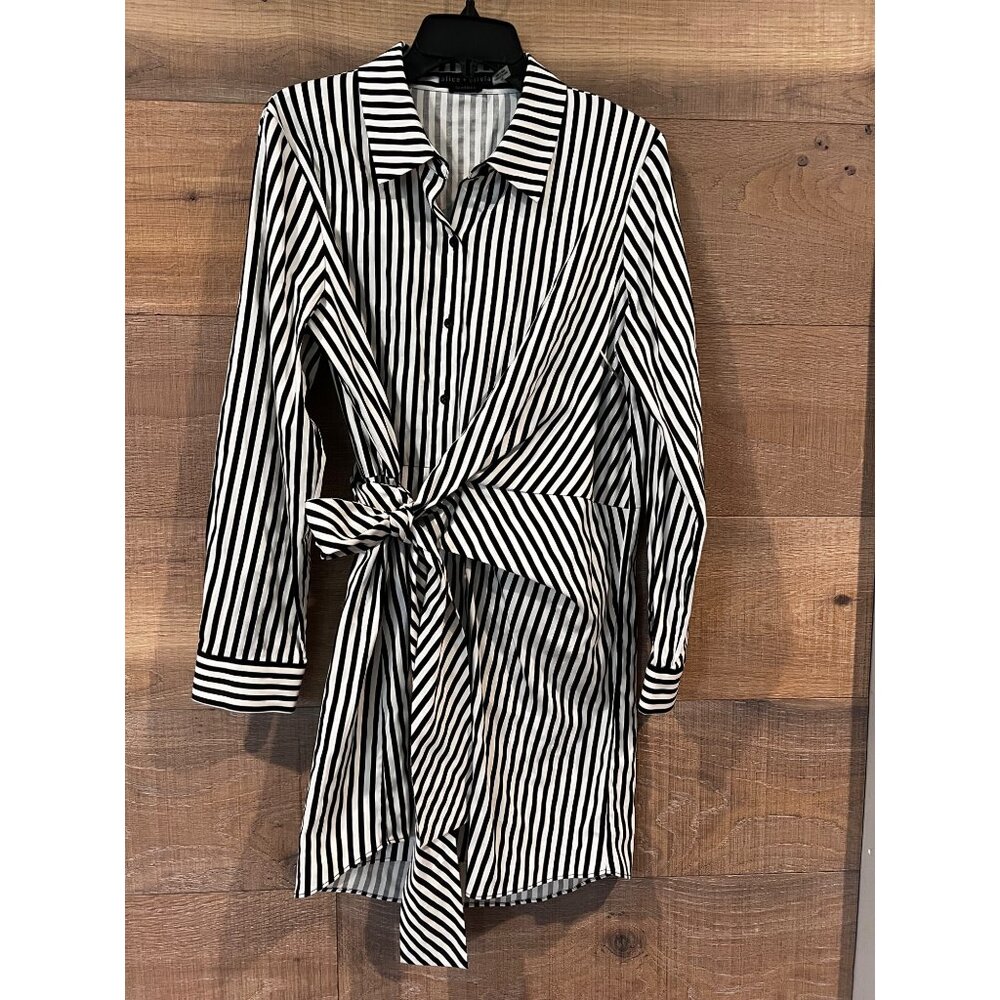 Alice + Olivia REINA DRAPED STRIPPED SHIRT DRESS size L NWOT - Picture 4 of 11